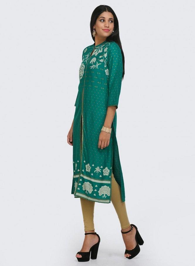 Green Printed Mandarin Neck kurta - wforwoman