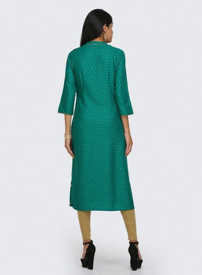 Green Printed Mandarin Neck kurta - wforwoman