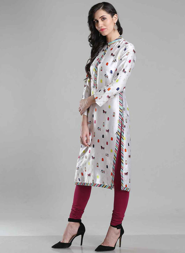 White Printed Mandarin Neck kurta