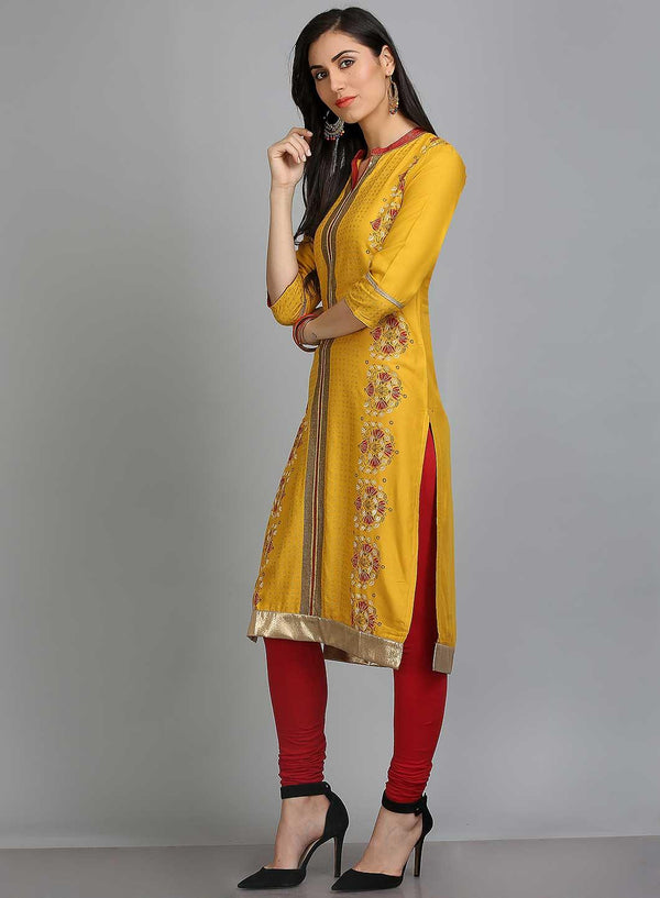Yellow Mandarin Neck Printed kurta