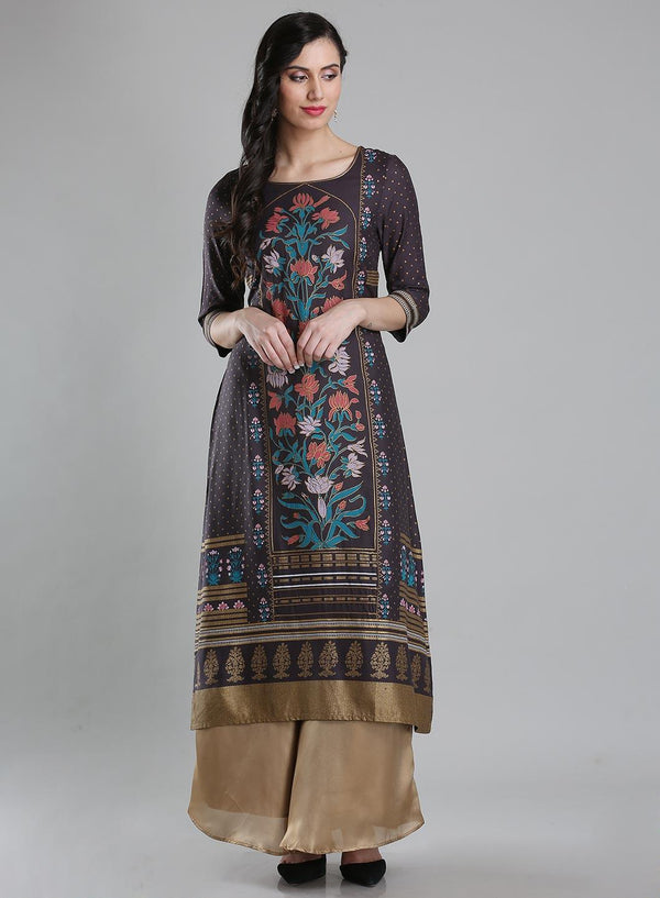 Grey Round Neck Floral Print kurta