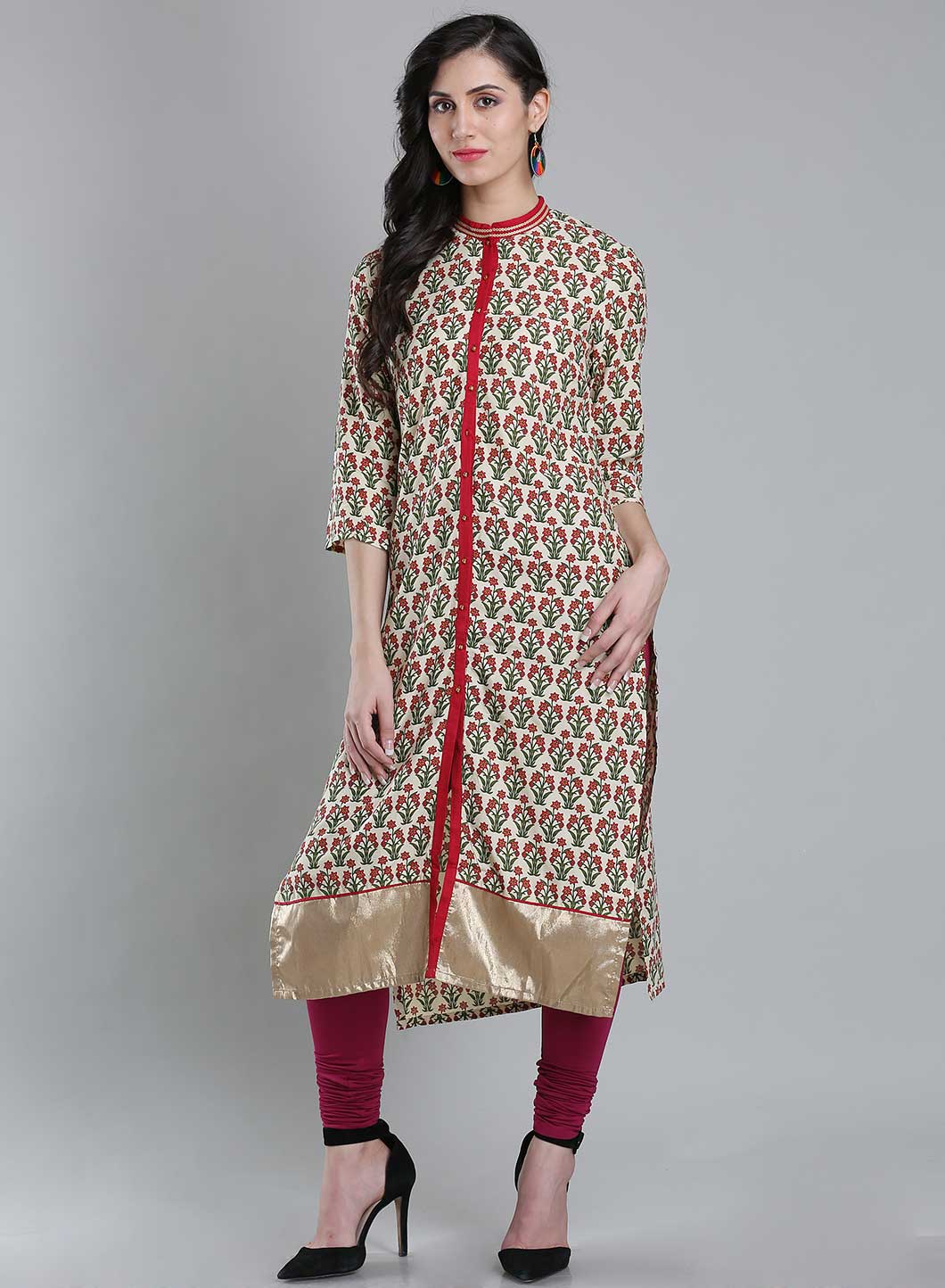 Off-White Mandarin Neck Printed kurta