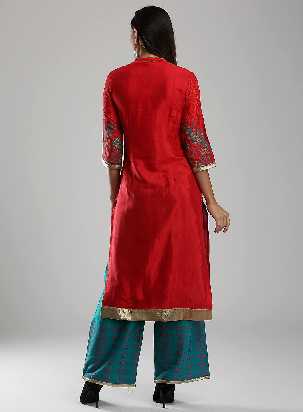 Red Printed Mandarin Neck kurta - wforwoman
