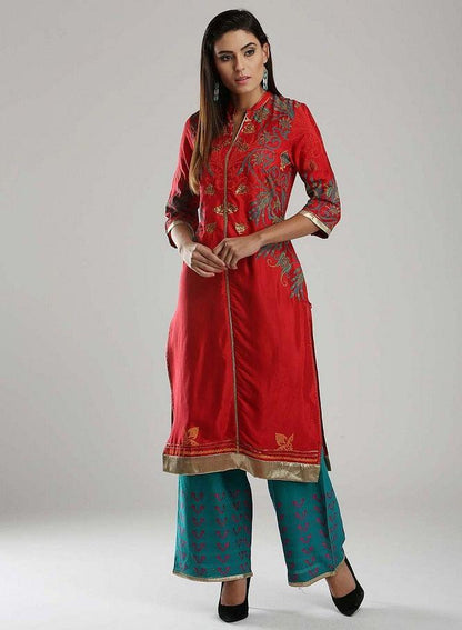 Red Printed Mandarin Neck kurta - wforwoman