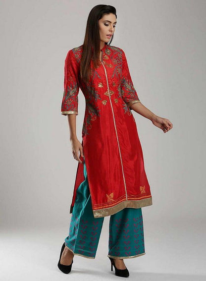 Red Printed Mandarin Neck kurta - wforwoman