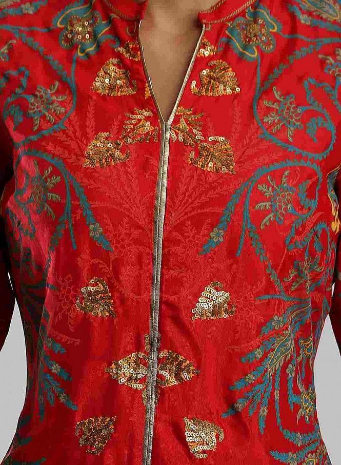 Red Printed Mandarin Neck kurta - wforwoman
