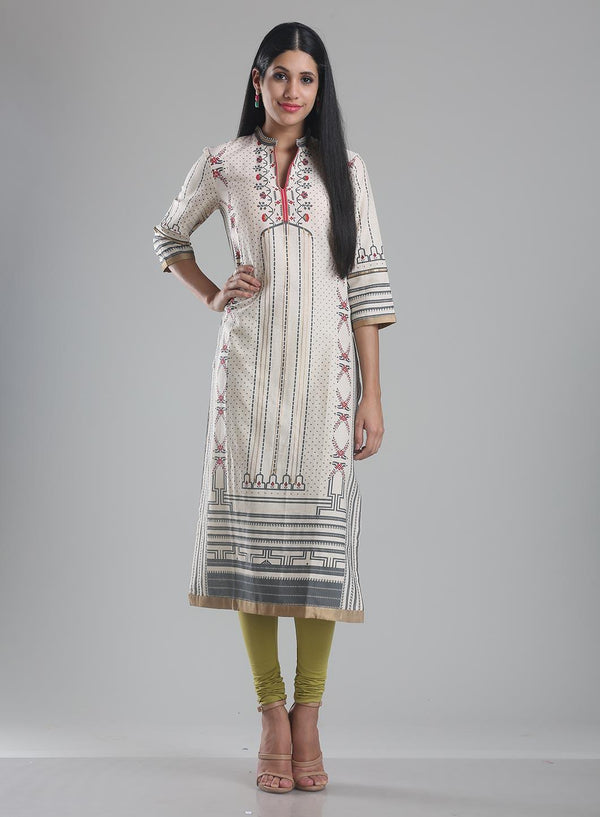 Off White Printed Mandarin Neck kurta