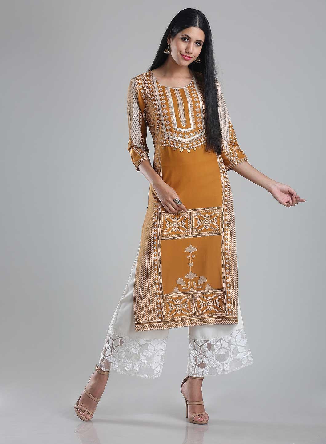 Yellow Printed Round Neck kurta - wforwoman