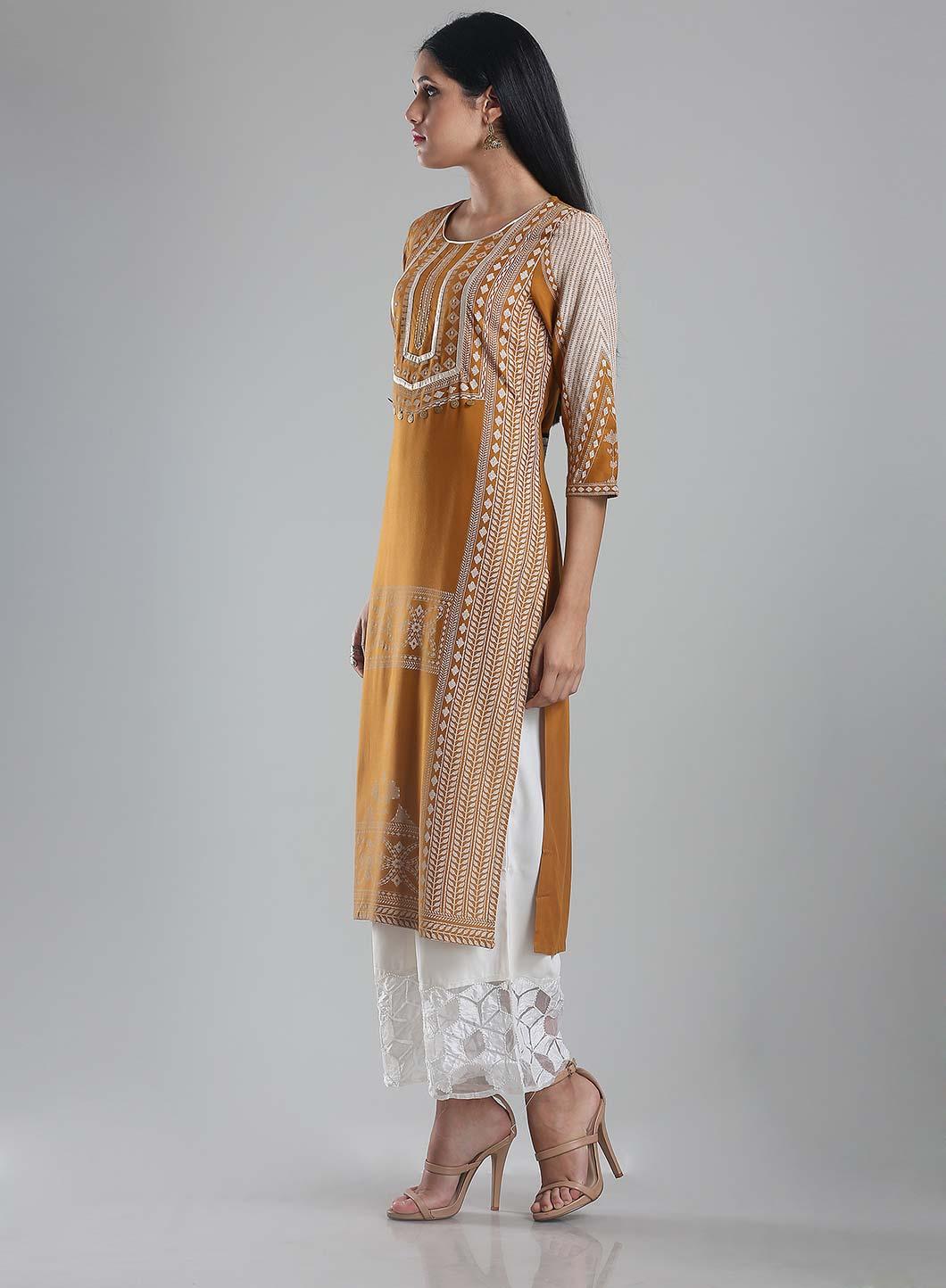 Yellow Printed Round Neck kurta - wforwoman