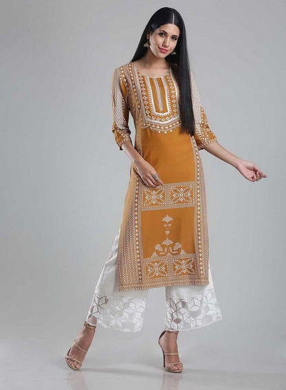 Yellow Printed Round Neck kurta - wforwoman