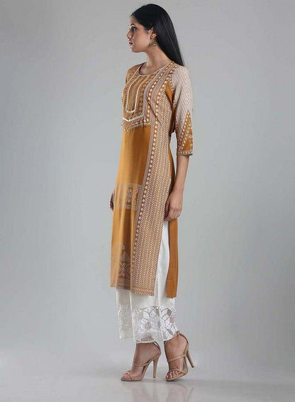 Yellow Printed Round Neck kurta - wforwoman