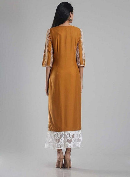 Yellow Printed Round Neck kurta - wforwoman