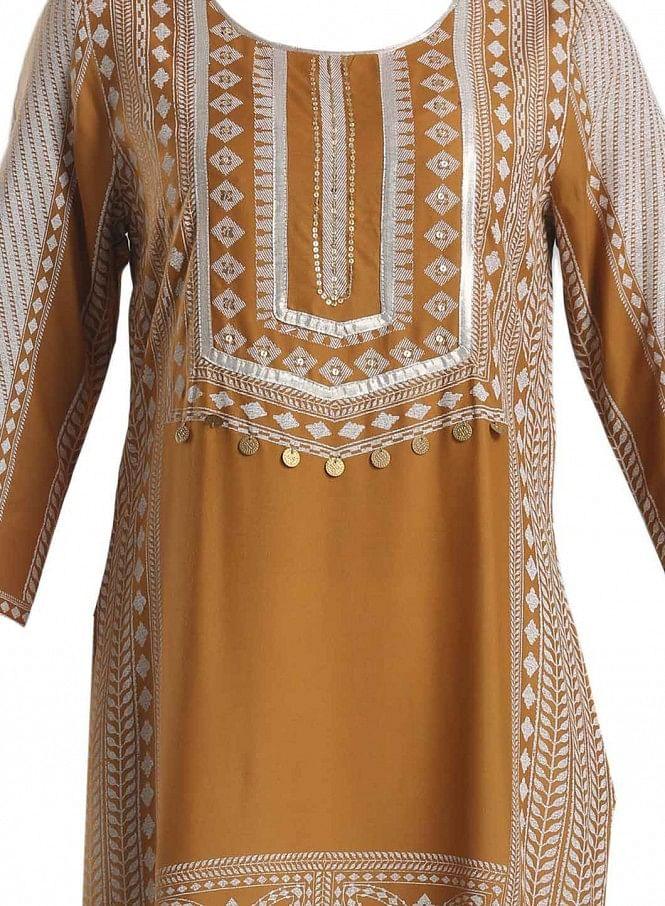 Yellow Printed Round Neck kurta - wforwoman