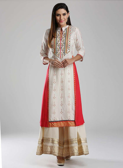 White Printed Mandarin Neck kurta - wforwoman
