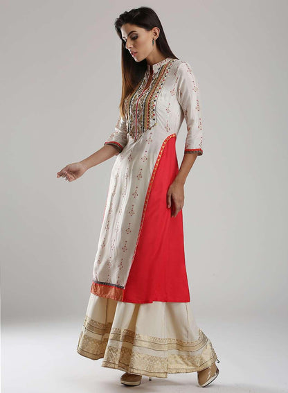 White Printed Mandarin Neck kurta - wforwoman