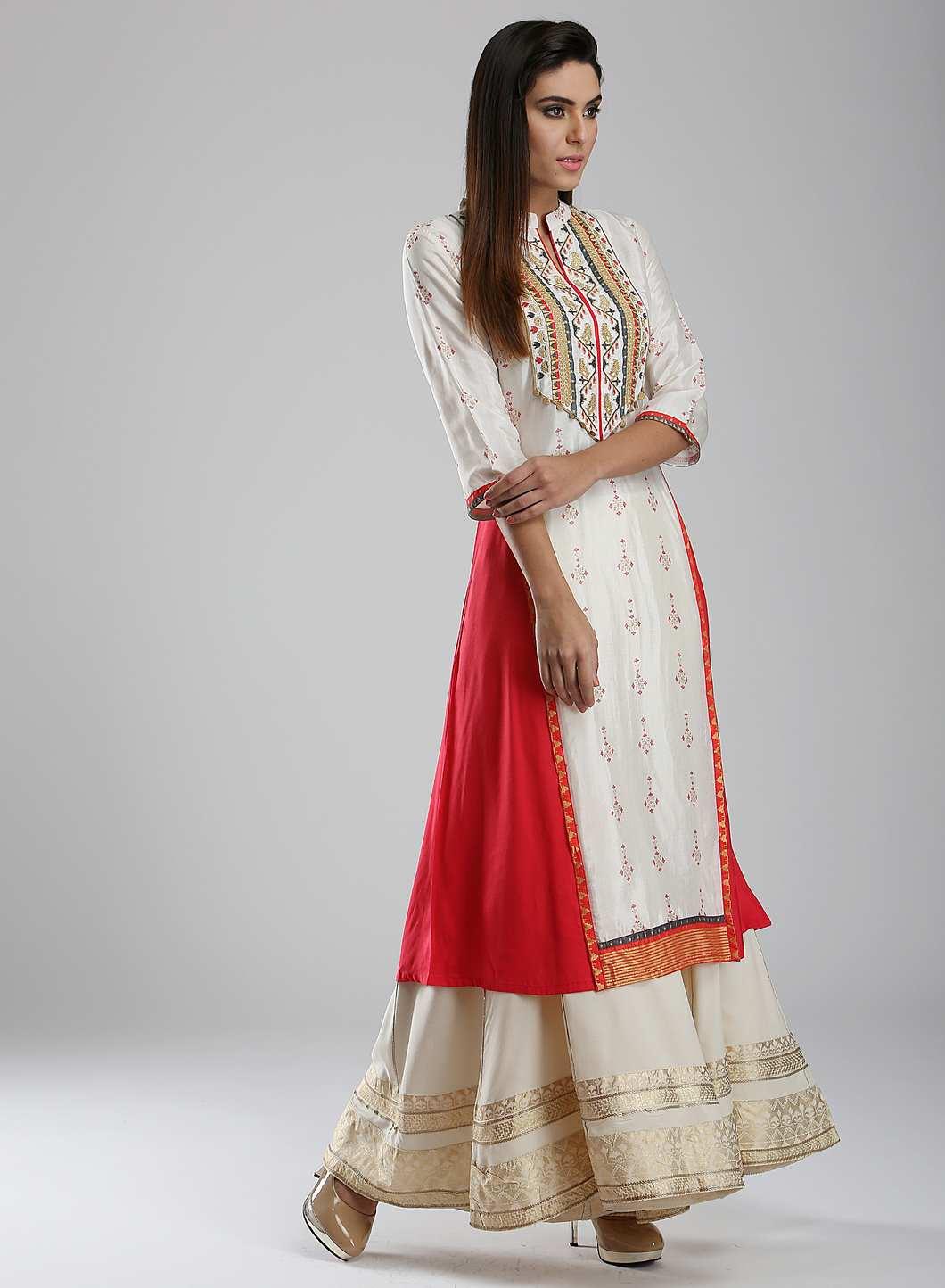 White Printed Mandarin Neck kurta - wforwoman