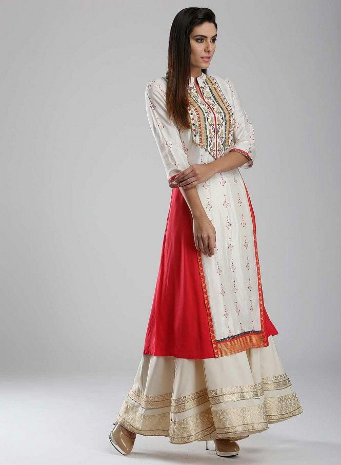White Printed Mandarin Neck kurta - wforwoman