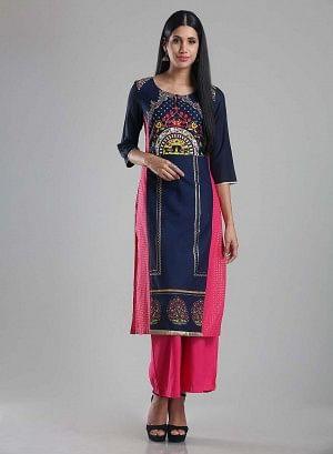 Navy &amp; Pink Round Neck Printed kurta - wforwoman