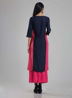 Navy &amp; Pink Round Neck Printed kurta - wforwoman
