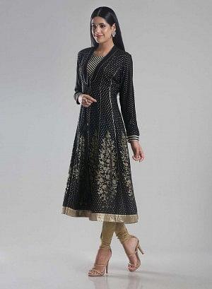 Black Printed Front Open kurta - wforwoman