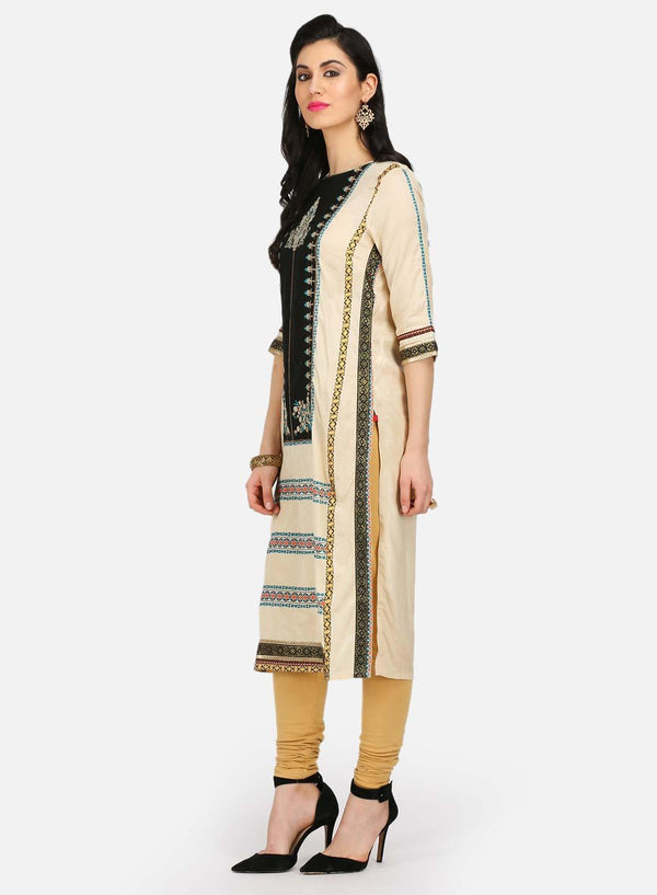 Cream Printed Round Neck kurta