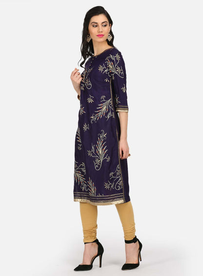 Purple Embellished Round Neck kurta - wforwoman