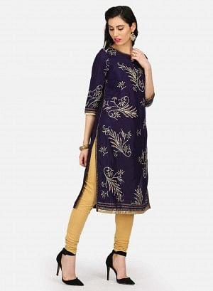 Purple Embellished Round Neck kurta - wforwoman