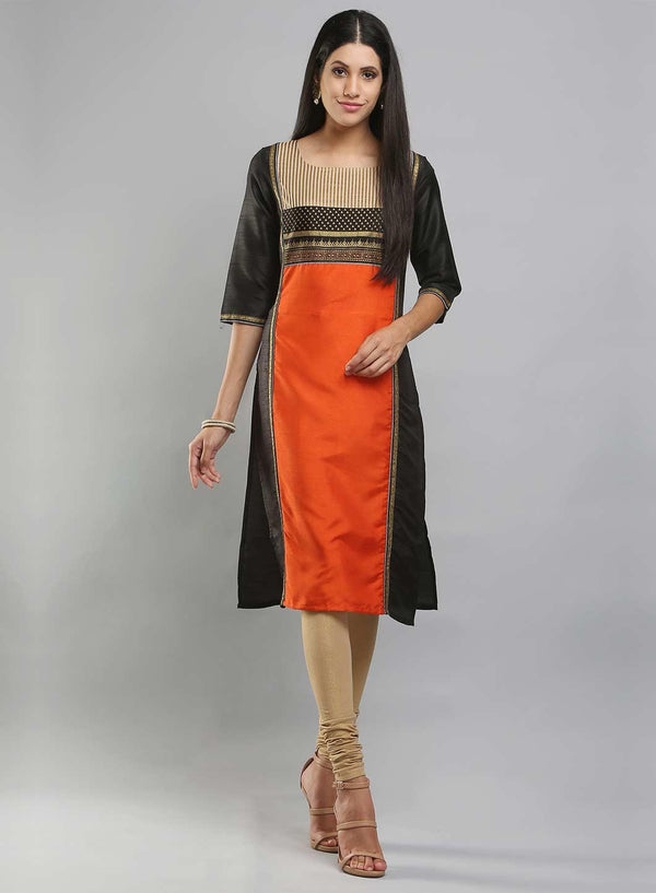 Black & Orange Colorblocked Printed kurta