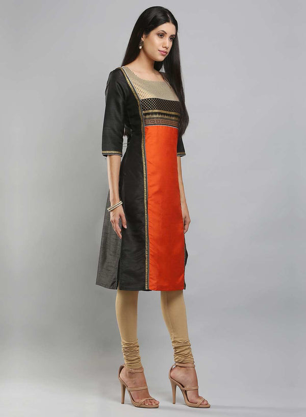 Black & Orange Colorblocked Printed kurta