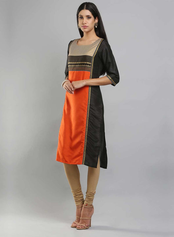 Black & Orange Colorblocked Printed kurta
