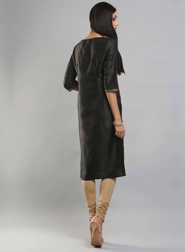 Black & Orange Colorblocked Printed kurta