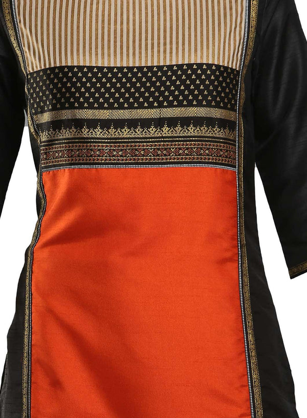 Black & Orange Colorblocked Printed kurta