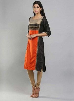Black & Orange Colorblocked Printed kurta