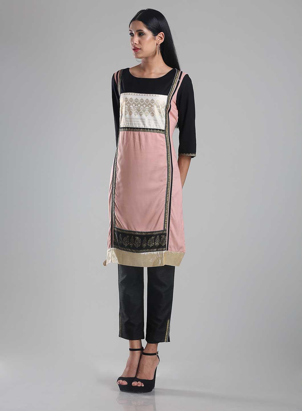 Pink &amp; Black 3/4 Sleeve Printed kurta - wforwoman