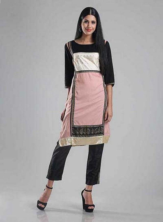 Pink &amp; Black 3/4 Sleeve Printed kurta - wforwoman