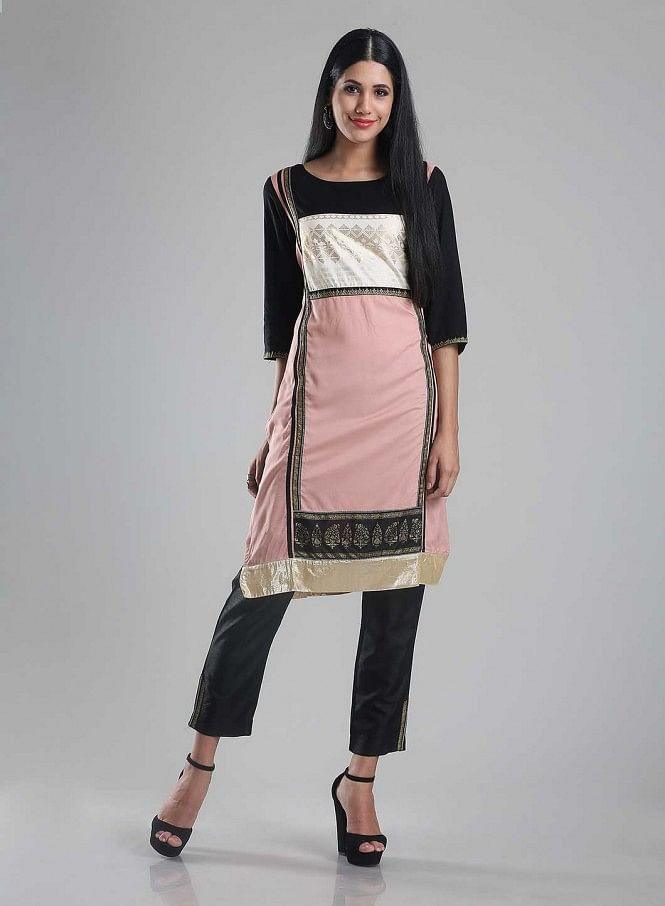 Pink &amp; Black 3/4 Sleeve Printed kurta - wforwoman