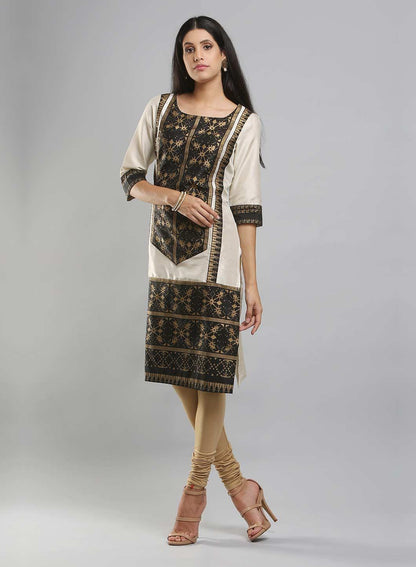 Off-White &amp; Black Colorblocked Printed kurta - wforwoman