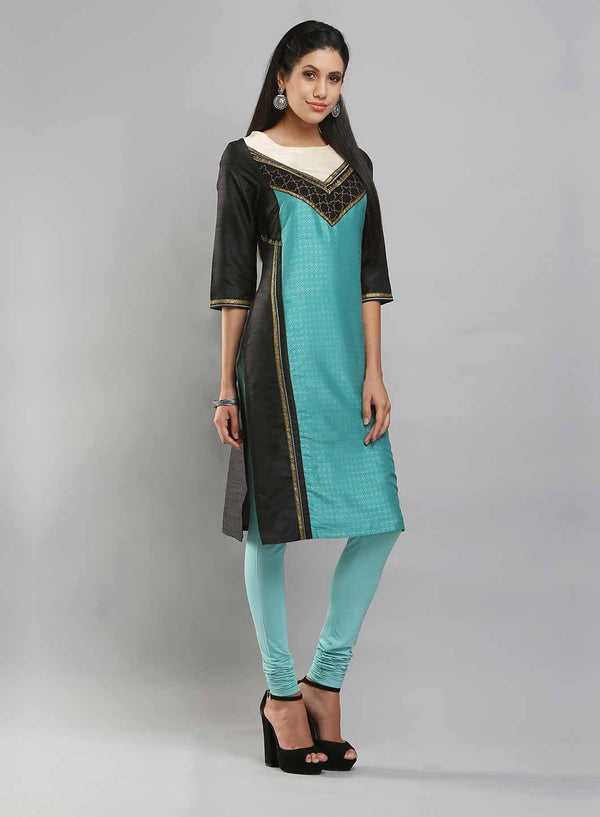 Black & Aqua Blue Boat Neck Printed kurta