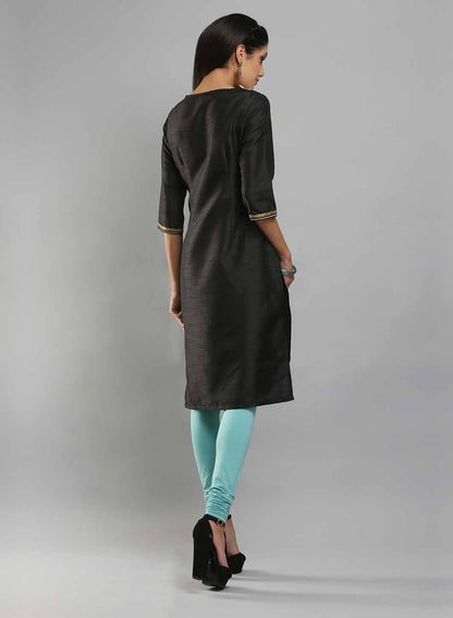 Black &amp; Aqua Blue Boat Neck Printed kurta - wforwoman