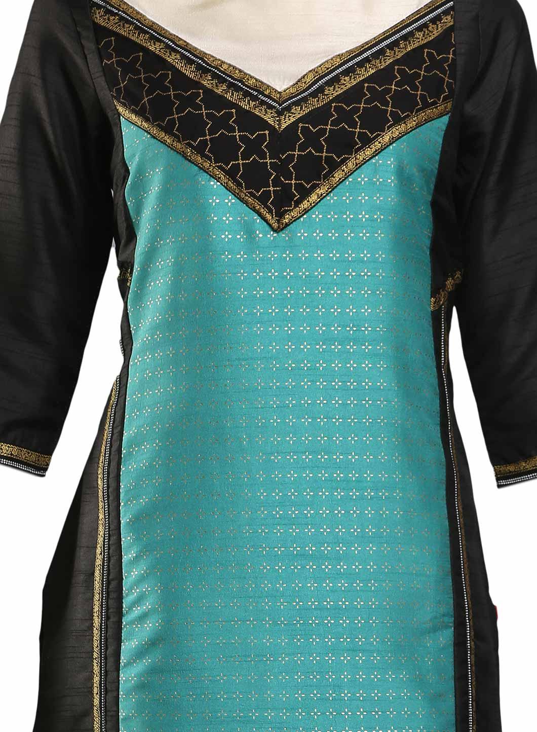 Black &amp; Aqua Blue Boat Neck Printed kurta - wforwoman