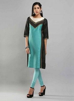 Black &amp; Aqua Blue Boat Neck Printed kurta - wforwoman