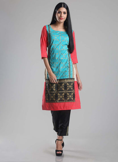 Pink &amp; Blue Round Neck Printed kurta
