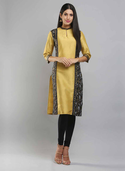 Yellow Mandarin Neck Printed kurta - wforwoman