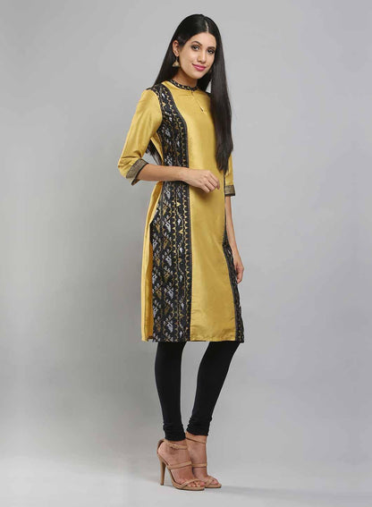 Yellow Mandarin Neck Printed kurta - wforwoman