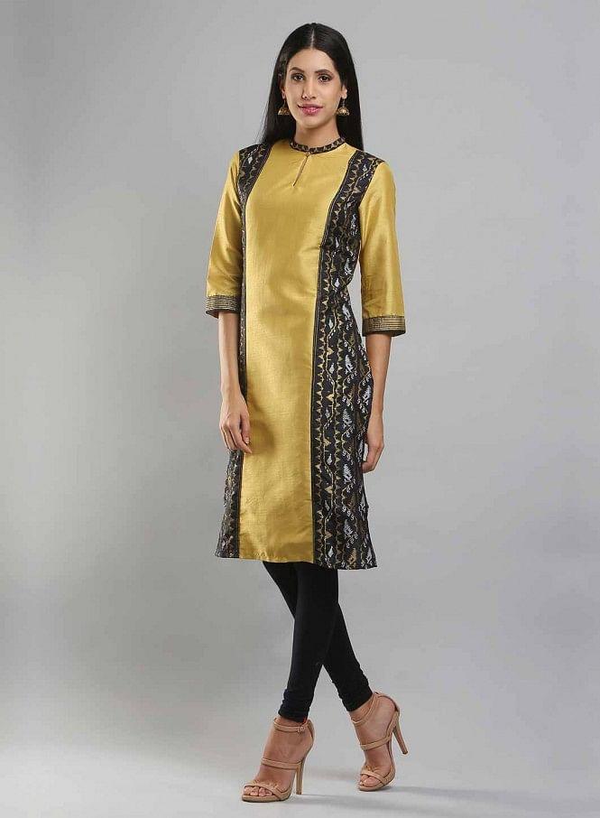 Yellow Mandarin Neck Printed kurta - wforwoman