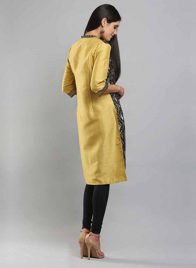 Yellow Mandarin Neck Printed kurta - wforwoman