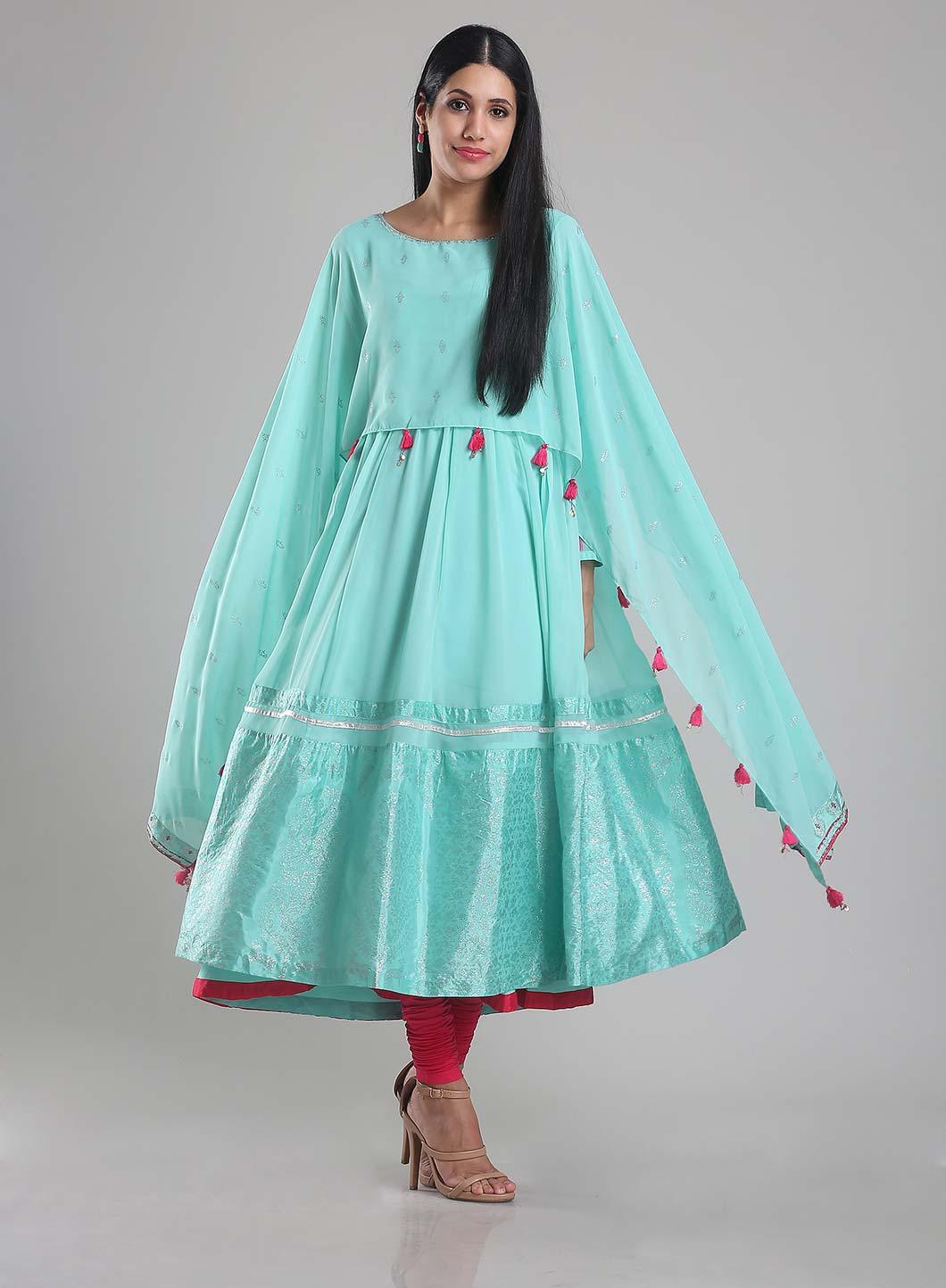Aqua Blue Flared Printed kurta - 6
