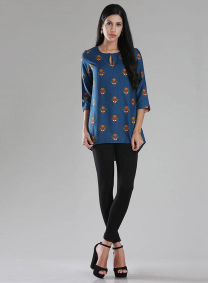 Navy Round Neck Printed Top - wforwoman
