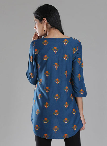 Navy Round Neck Printed Top - wforwoman