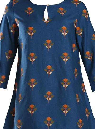 Navy Round Neck Printed Top - wforwoman